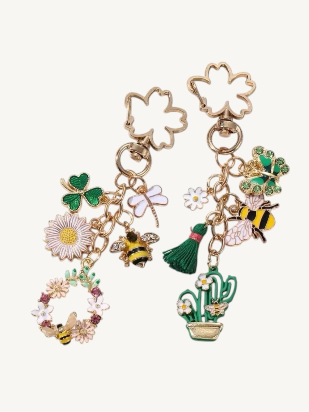 Enamel and Gold Charm Keychain Bag Charm Floral Bee Butterfly Purse Charm - Picture 10 of 16